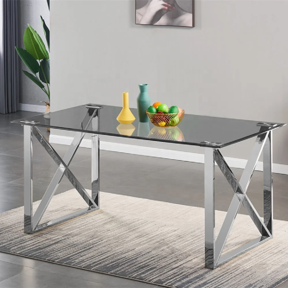 Quality chinese products stainless steel furniture restaurant tables chairs glass dining table set