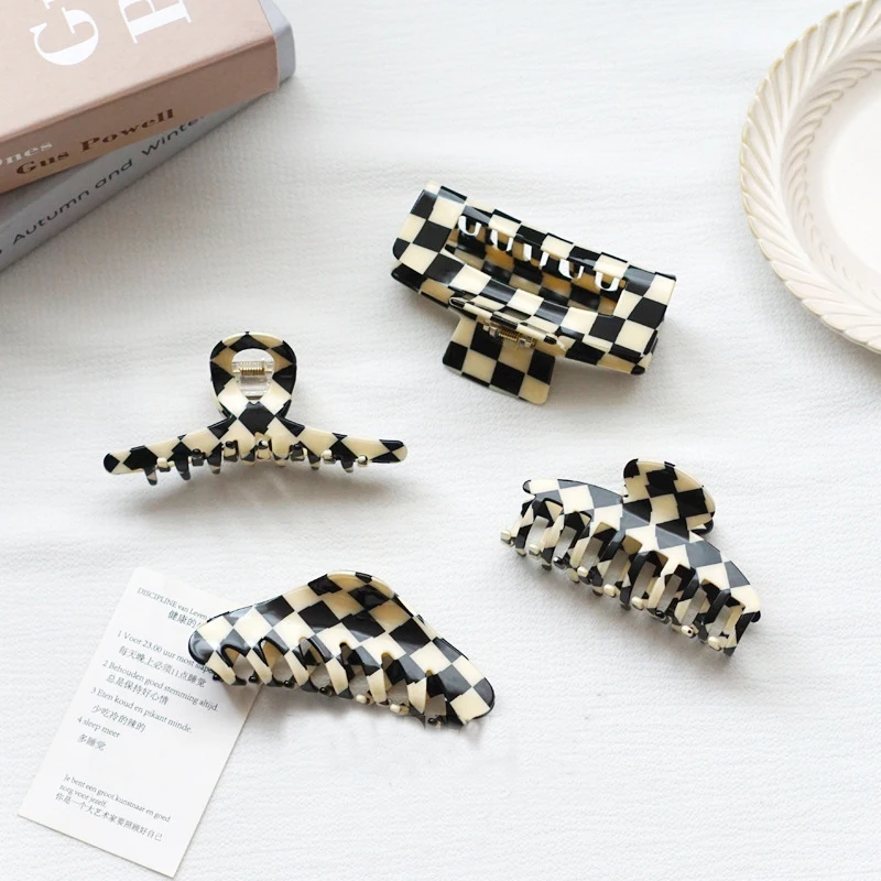 Ins Checkerboard Hair Claw Clips Acetate Fiber Hair Claw Metal Hair Accessories For Women& Girls