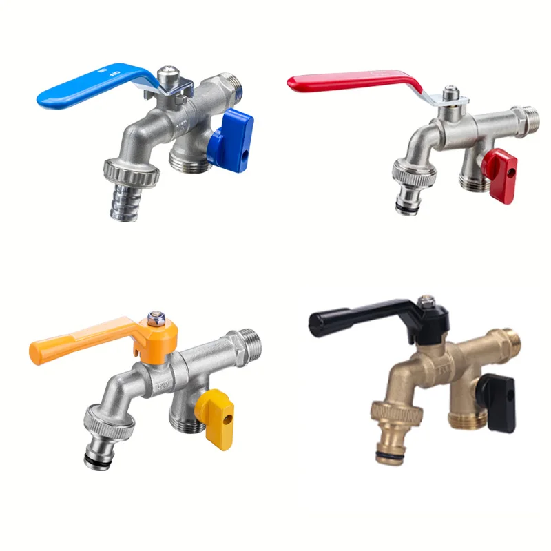 TMOK New Design Outdoor Square 2 Way Hose Cock Water Tap Double Handle Outlet Brass Bibcock
