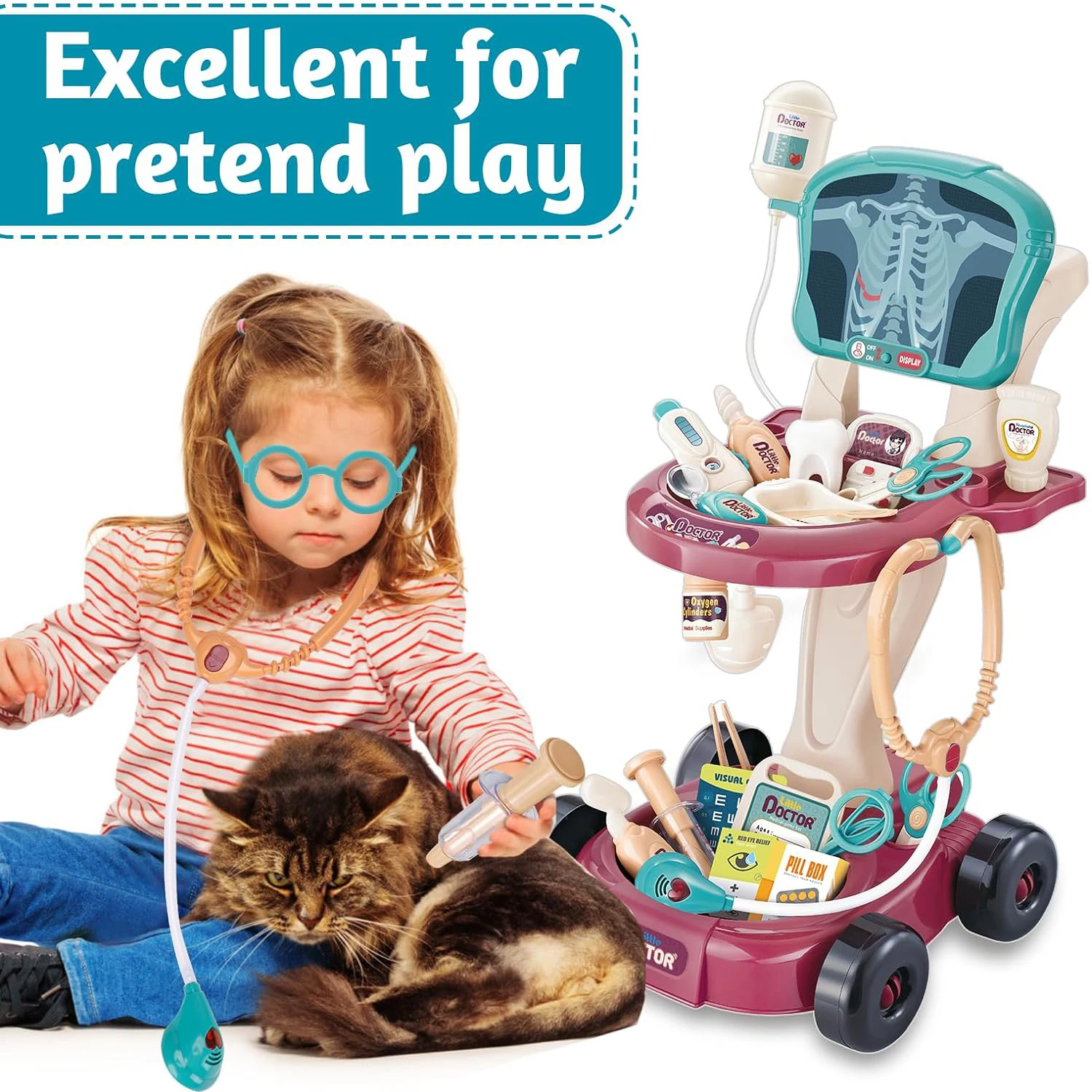 Doctor Set Pretend Play Educational Toys for Kids Dentist Vet Medical Mobile Cart with Sound Light Xray Stethoscope