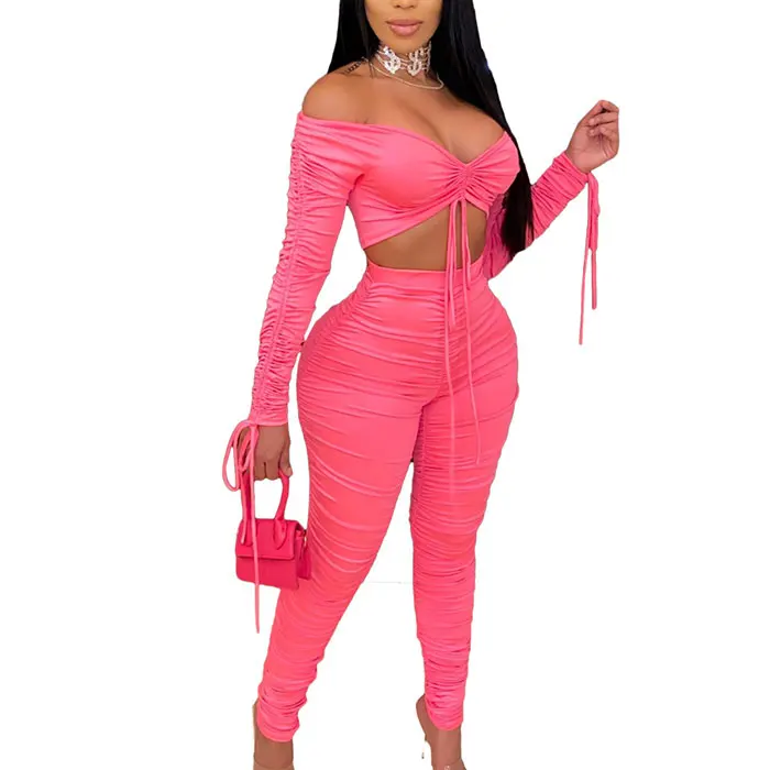 Fashion long sleeve crop top and leggings pants streetwear 2 piece set women