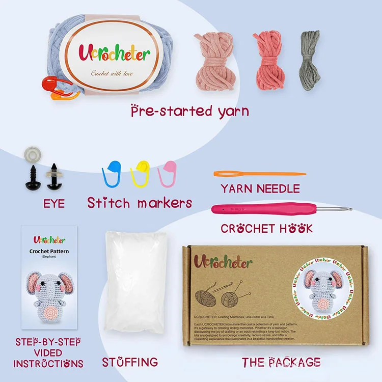 Beginners Yarn Knitting DIY Material Package Elephant Decor Cute Doll Yarn Crochet Kit with Step by Step Video Tutorials