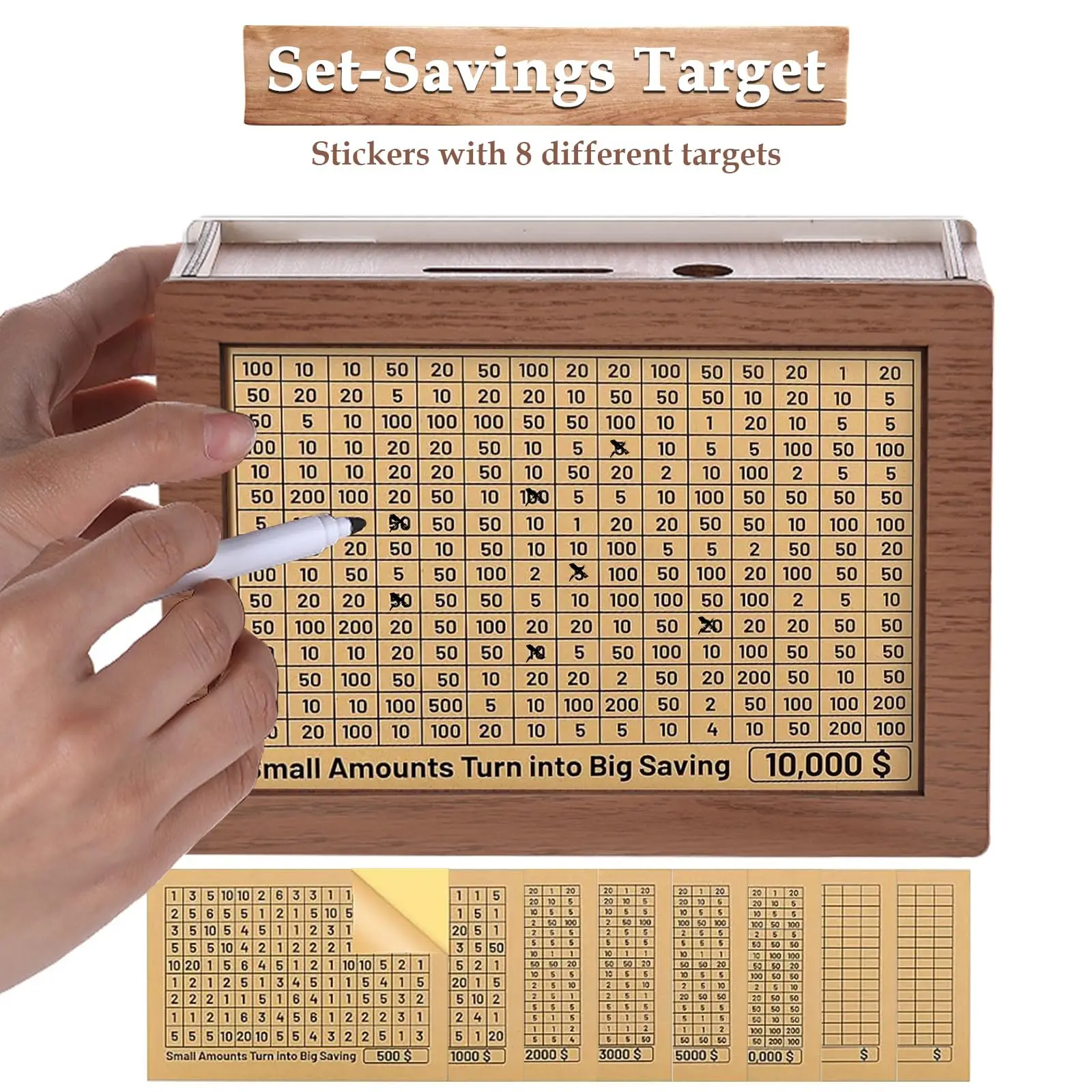 Wooden Adult Money Saving Box with Dry Erase Pen 10000 5000 3000 2000 1000 500 Challenge Money Banks Blank Savings Trackers