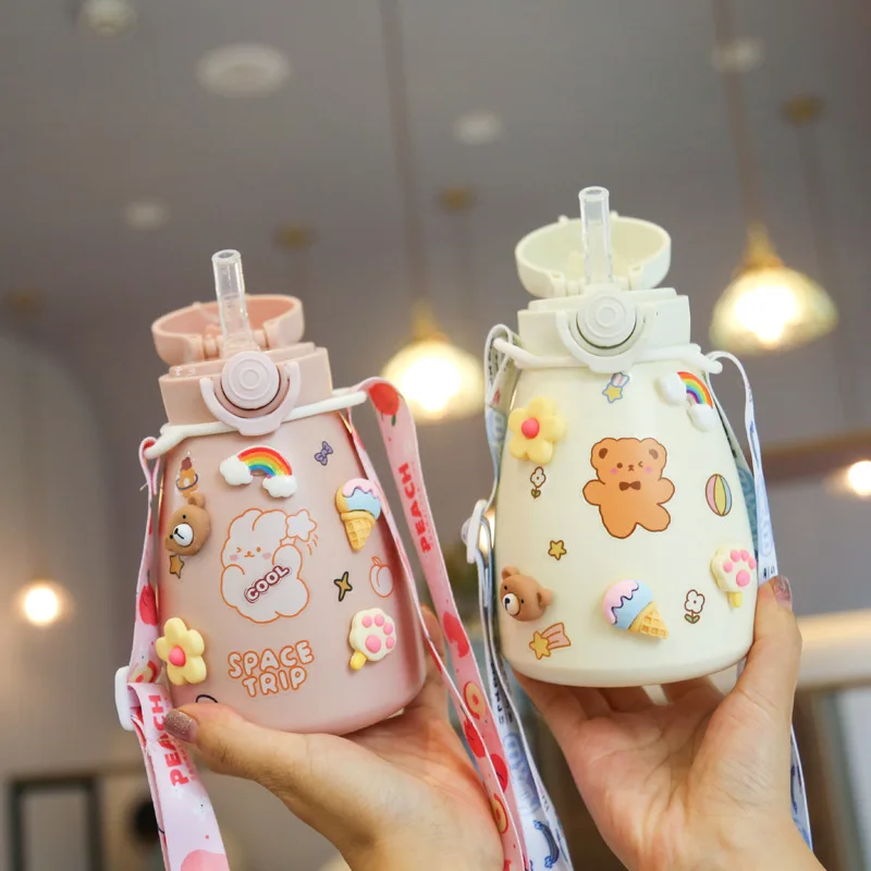 2021 Ins Stock Custom Large Capacity Drinking double wall Stainless Steel Kids Thermos Vacuum Flasks with Straw