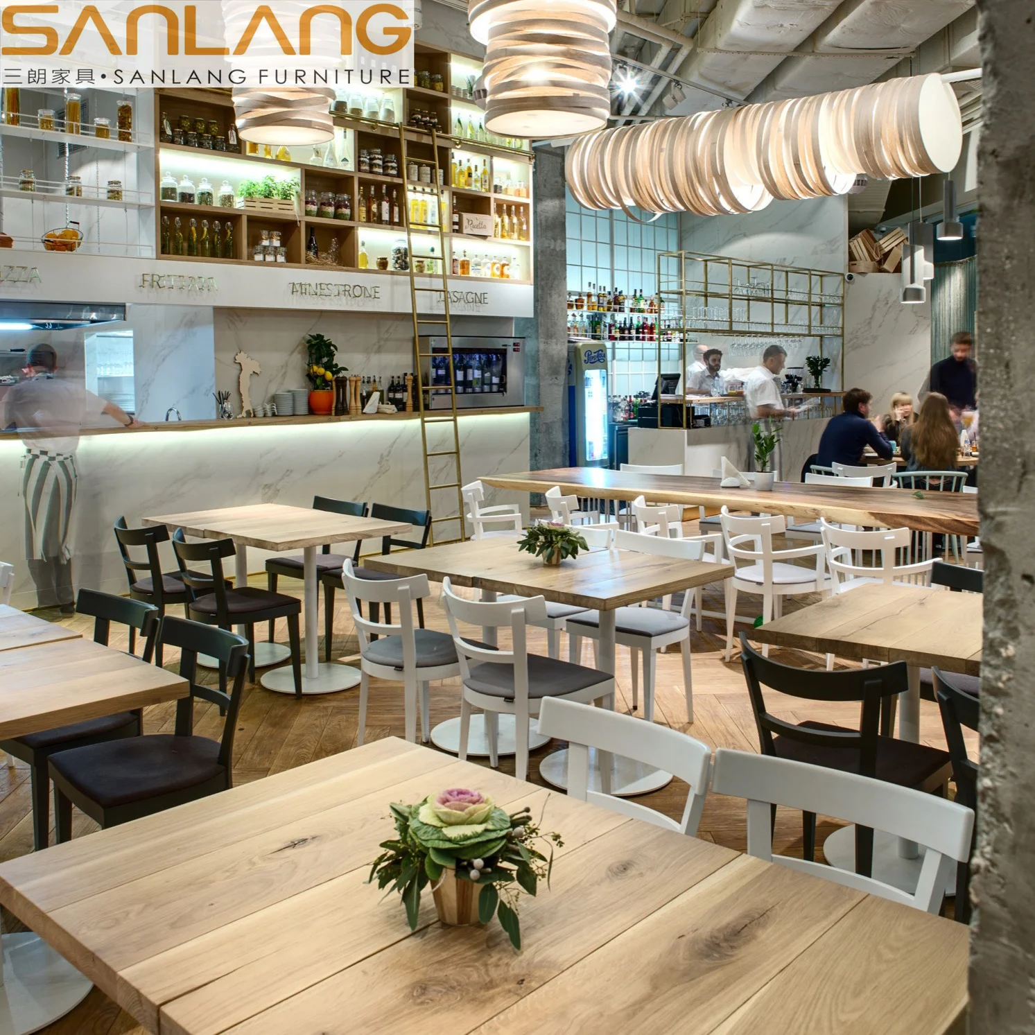 Hamburger fast food restaurant wood coffee desk 4 people tables and chairs space saving dining table set for wedding and event