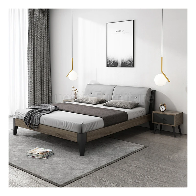 Модель в скандинавском стиле, кровать из твердой древесины под заказ, свадебная легкая роскошная кожаная деревянная кровать, кожаная обивка