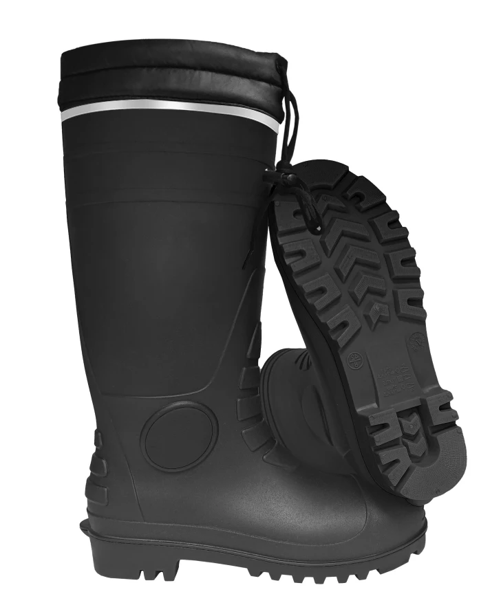 ALL black PVC boots with Reflective, top cover fabric and lace gum boots factory produce  PVC steel toe boots