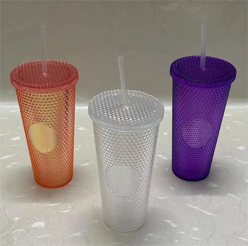 Hot Sale Reusable Diamond Drinking Cups 24 oz Multi Color Studded Tumbler with Lid and Straw