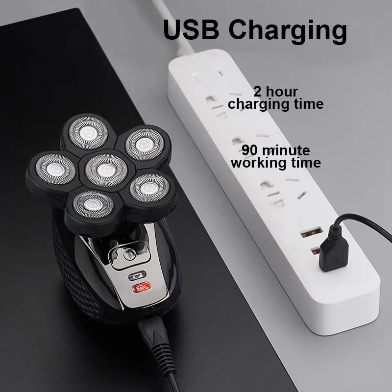 Electric Razor 6 Heads Mens Bald Nose Barber Hair Razor 5 In 1 Portable 4D Headshaver Mens Waterproof Electric Shavers