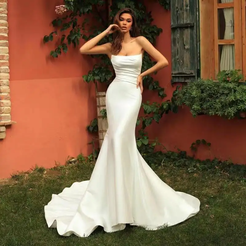Bride Solid Satin Party Gowns Bohemian Bridal Gowns Long Train Strapless White Mermaid Wedding Dresses