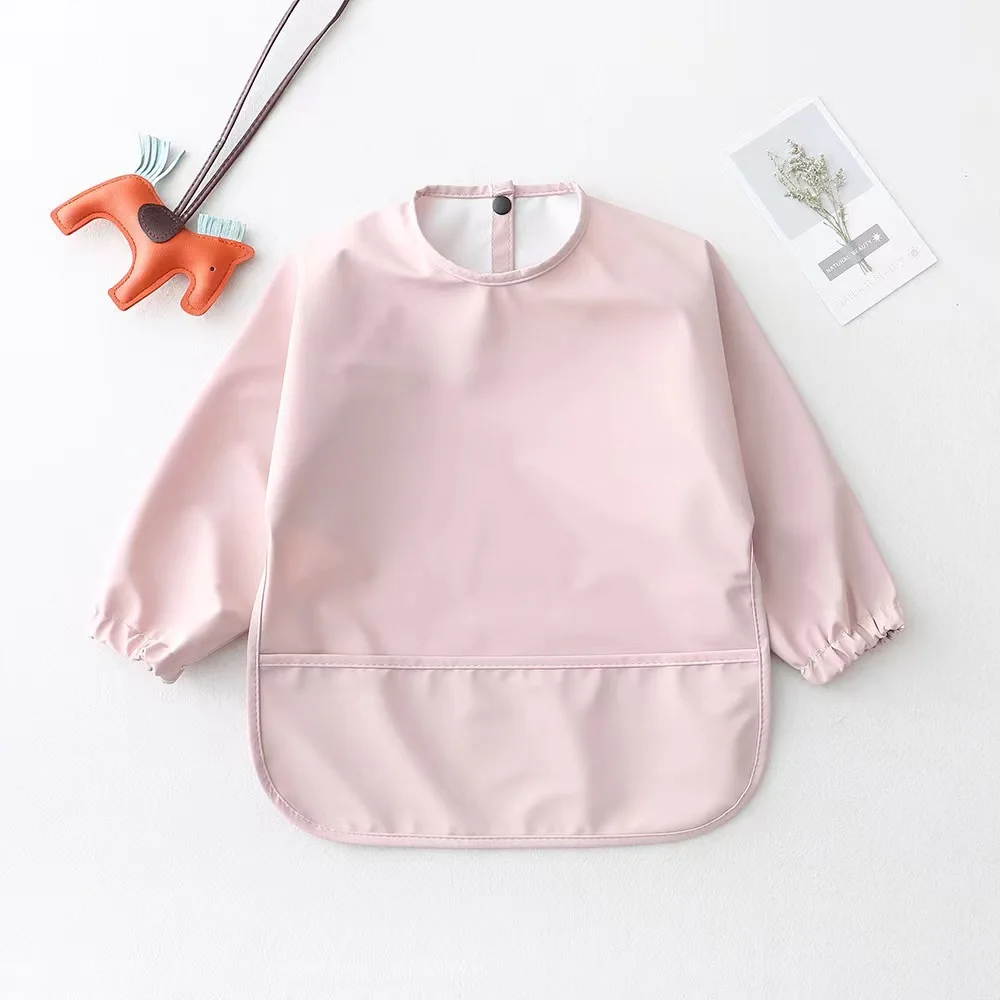Large Neutral Colors Multifunction PU Bibs Set Baby Feeding Organic Sleeved Baby PU Bibs Apron