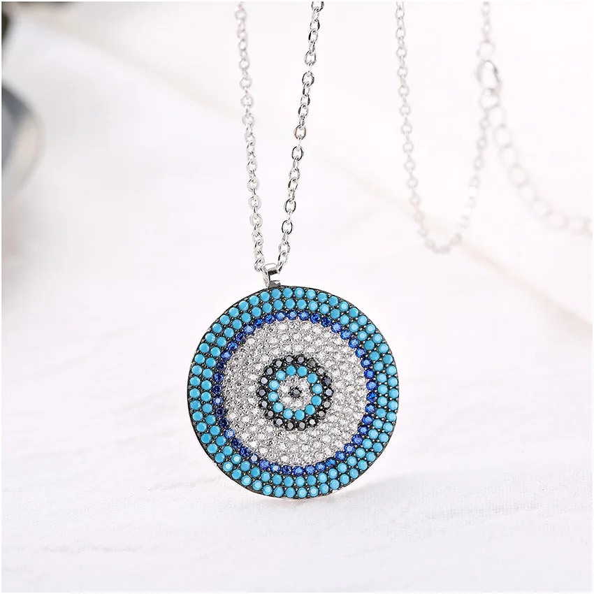 Women Mati Turkish Evil Eye Round Greek Nazar Hamsa Eye 925 Sterling Silver Pendant Jewelry Necklace