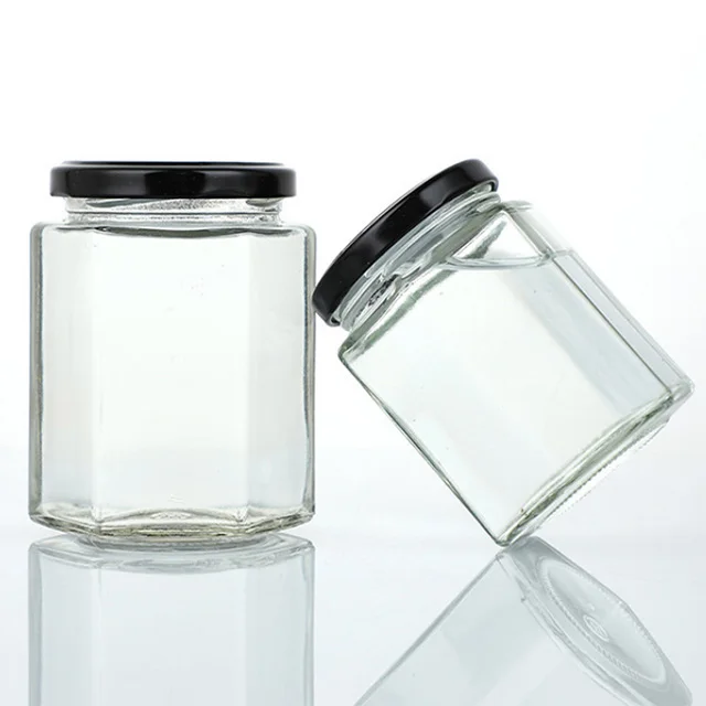 PUTIAN 45ml-730ml hexagonal glass jar hexagonal sauce and honey jar hexagonal jam transparent sealed jar with lid