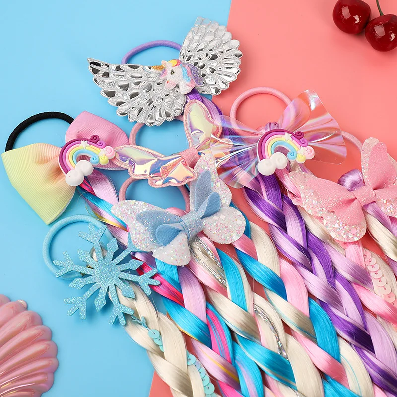 Korean new design child kids bow tie accessories rainbow color braided hand tied human hair wigs for girls