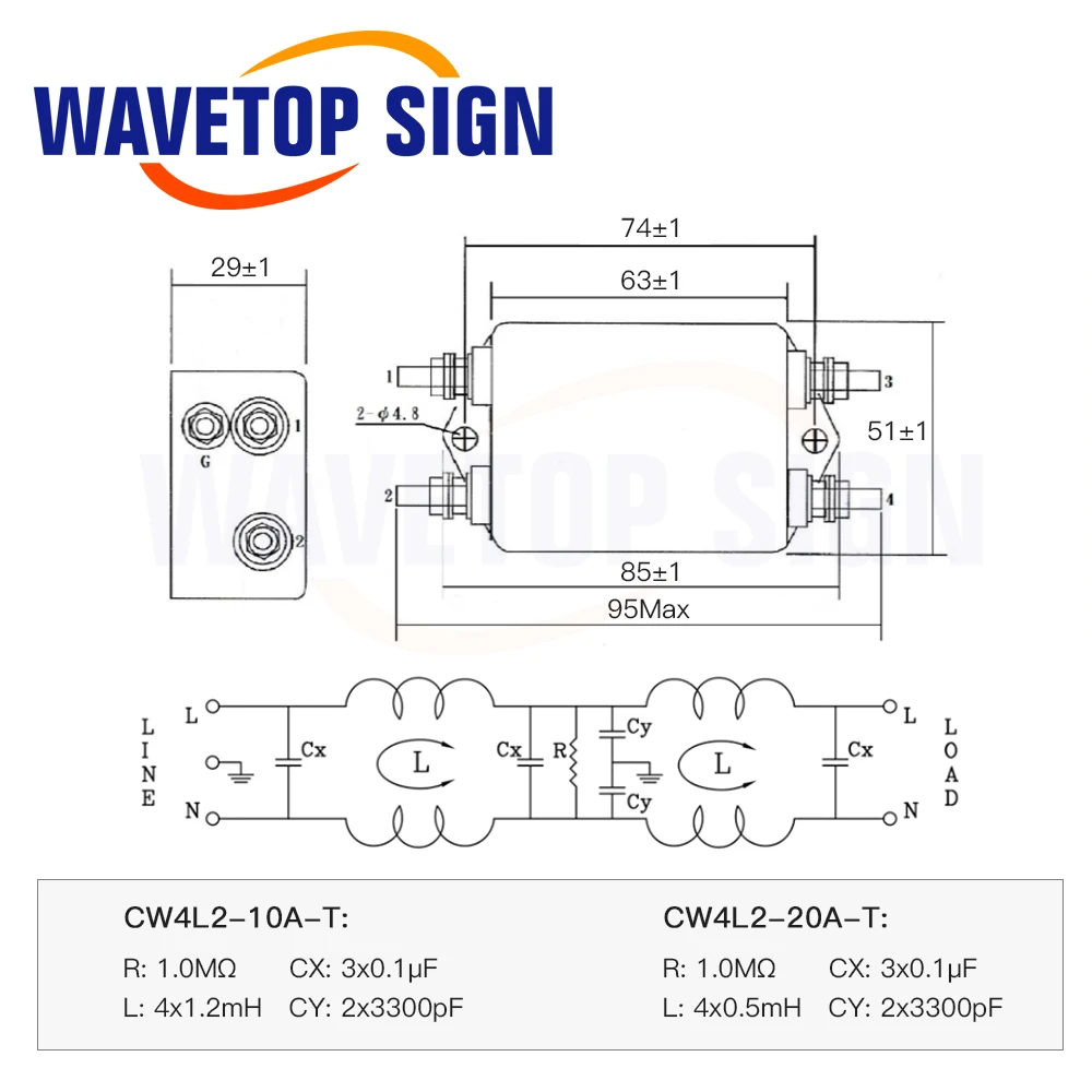 Мощный фильтр WaveTopSign EMI CW4L2-10A-T/S CW4L2-20A-T/S однофазный 115 В/250 В 20A 50/60 Гц для лазерной гравировки СО2