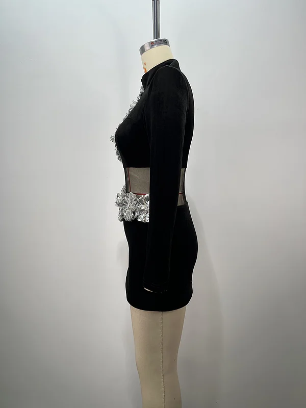 A9439 Fast Shipping Black Women Mini Party Dress Velvet Beaded Ladies Elegant Evening Dress