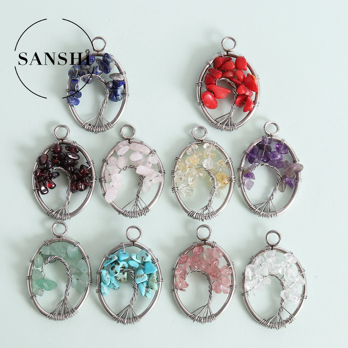 Wholesale Stainless Steel Wire Natural Stone Tree Egg Shape Women Natural Stone Pendant For Jewelry Making