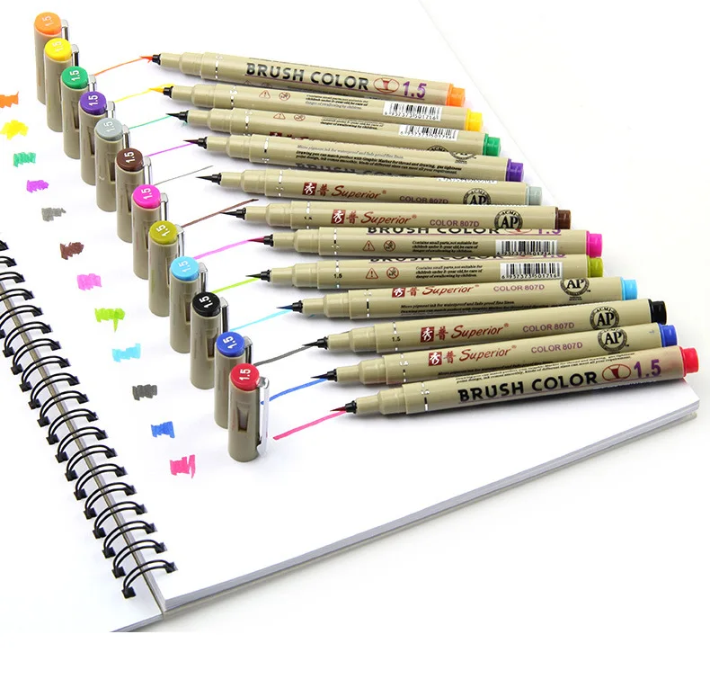 12 Colors Water-based Waterproof Ink Watercolor Brush Pens For Detail Painting