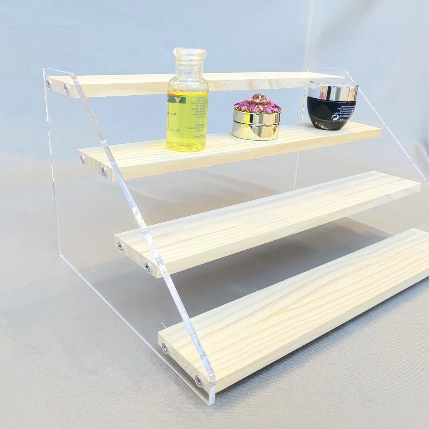 
Wholesale Custom 4-Step Clear Display Riser Wood Shelf for Displaying Pop Figures 