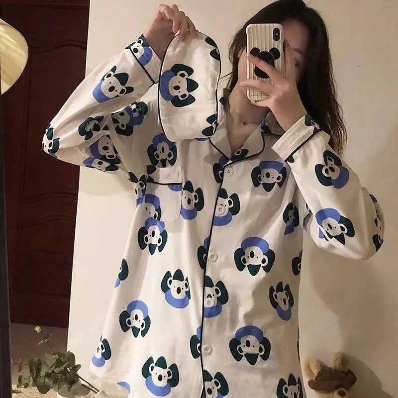 Ins Style Sweet Girl Long Sleeve Pajamas Summer 2 Pcs Sleepwear Suit With Lot Of Printed Patterns