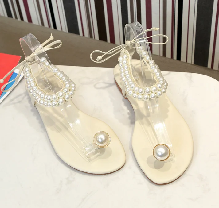 Summer Sandals for Women Pearl Flip Flops Fashion Flat Heel Sandals Ladies Shoes