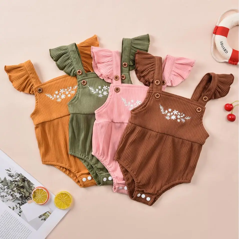 Baby Girls Summer Ribbed Rompers Toddlers Floral Printing Jumpsuit Flying Sleeve with Button bodysuit (1600209225148)