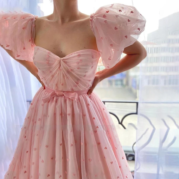 Elegant Vestidos Para Fiestas Sweetheart Hearty Floor Length A Line Pink Puffy Tulle Prom embroidered princess evening dress