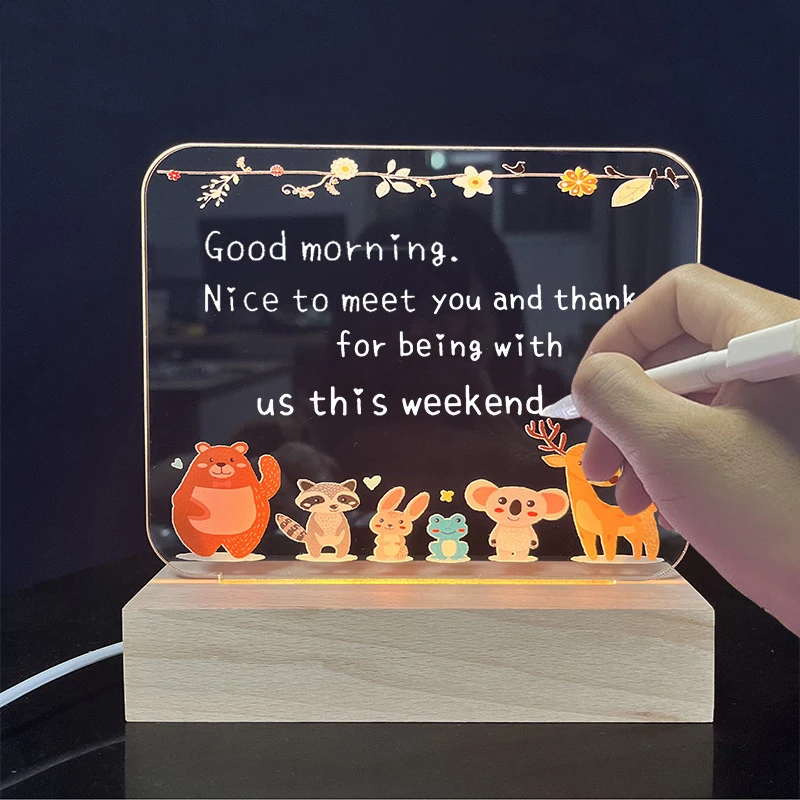 Colorful printing 3D creative kids light customize animals warm white wooden base acrylic led night light with usb charge