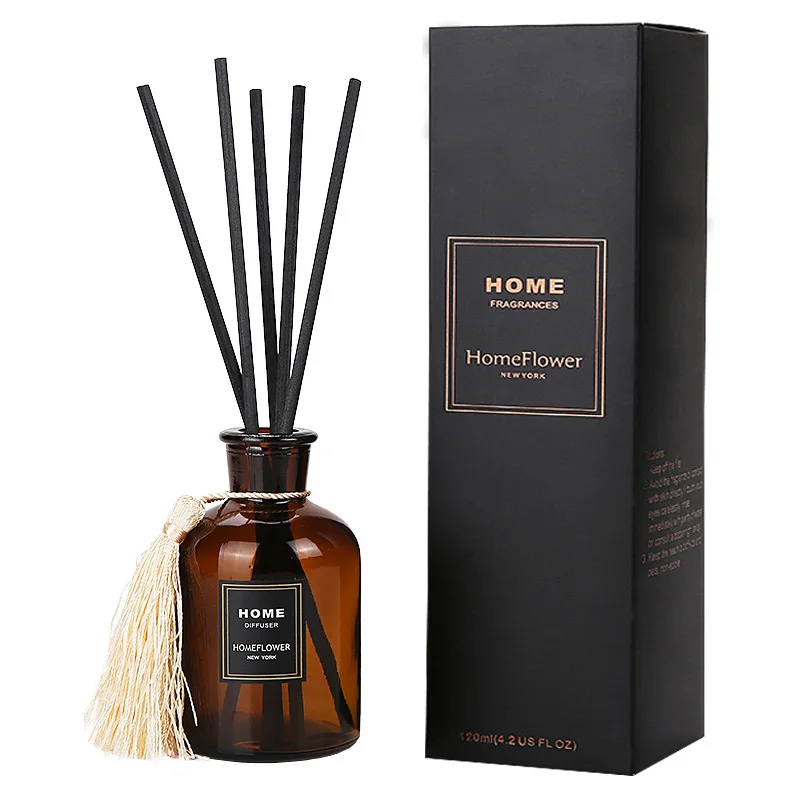 High Quality Amber Round Thick Glass Perfume Aromatherapy Oil Container Reed Diffuser Bottle Glasses with Cap Box for Home Decor