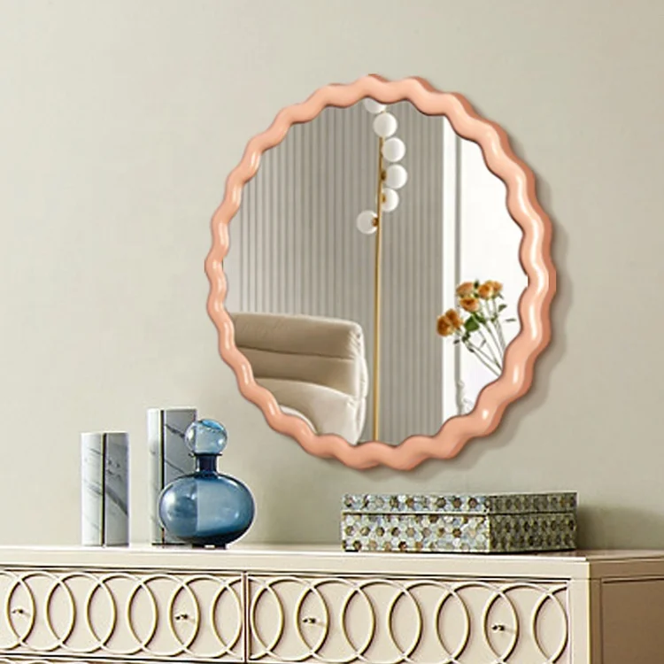 K&B hot sale Ins round pink candy design luxury large wooden wall art decor mirrors for home bedroom