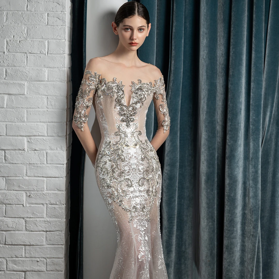 Luxury scoop neckline long sleeves embroidery lace  heavy crystals mermaid trumpet wedding dress beautiful bridal gown