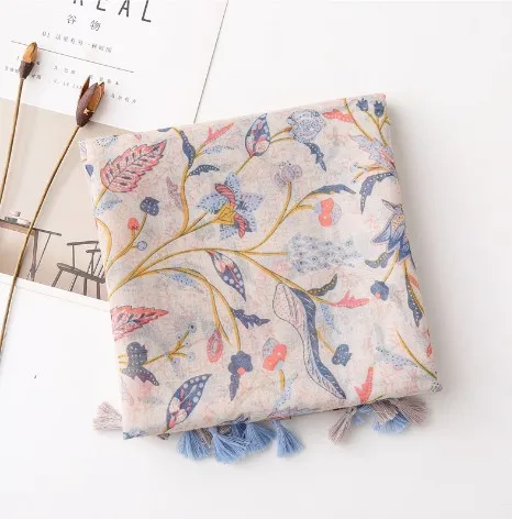 Winter Floral Sun Beach Shawl Cream-Color Flowers Printed Cotton Linen New Positioning Plain Style Dot Pattern Silk Material