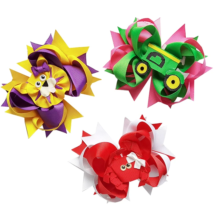 Children Green Ribbon Tractors Bow Hair Clip 4.5 Inch Grosgrain Ribbon Bow Handmade Bow For Hair Accessory