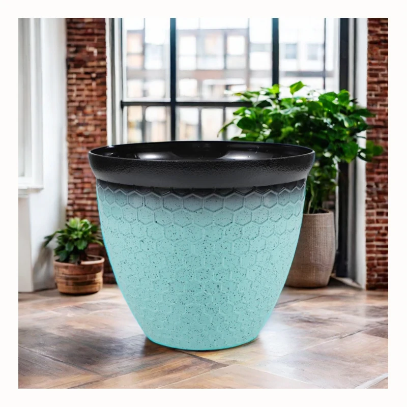 Wholesale 15 Inch Medium Potted Plant Plastic Flowerpot With Hexagon Pattern Glazed Planter Pot