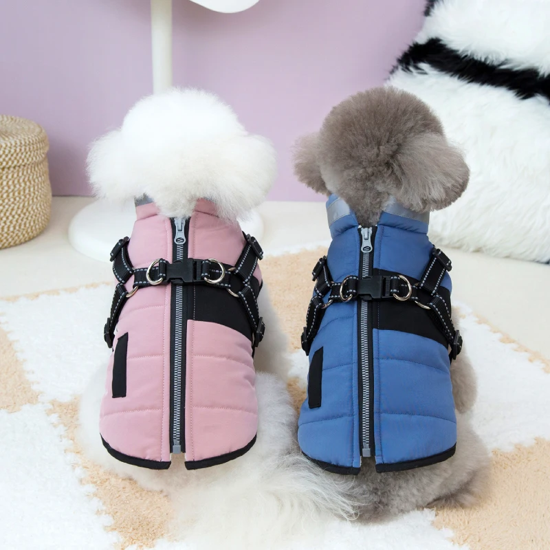 Hot Sale Winter Padded Dog Coat with Reflective Striped Harness Vest Warm Pet Jacket Outdoor Windproof Puppy Clothes