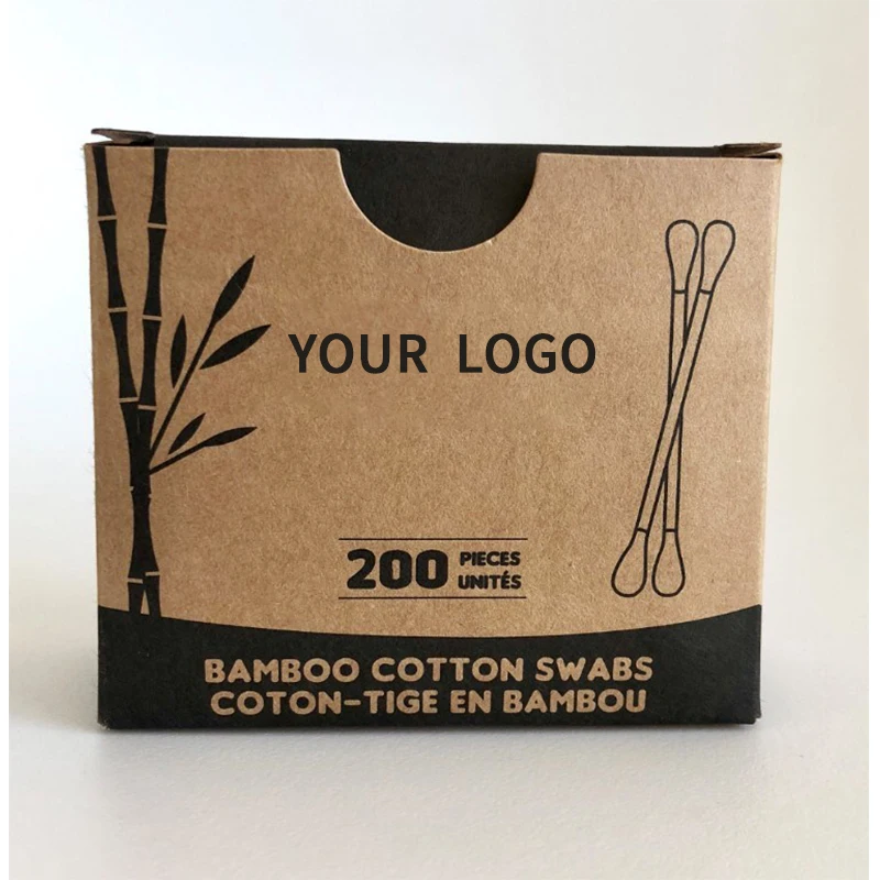 Customized Biodegradable Bamboo Cotton Buds Kraft Box 200pcs Wooden Cotton Buds