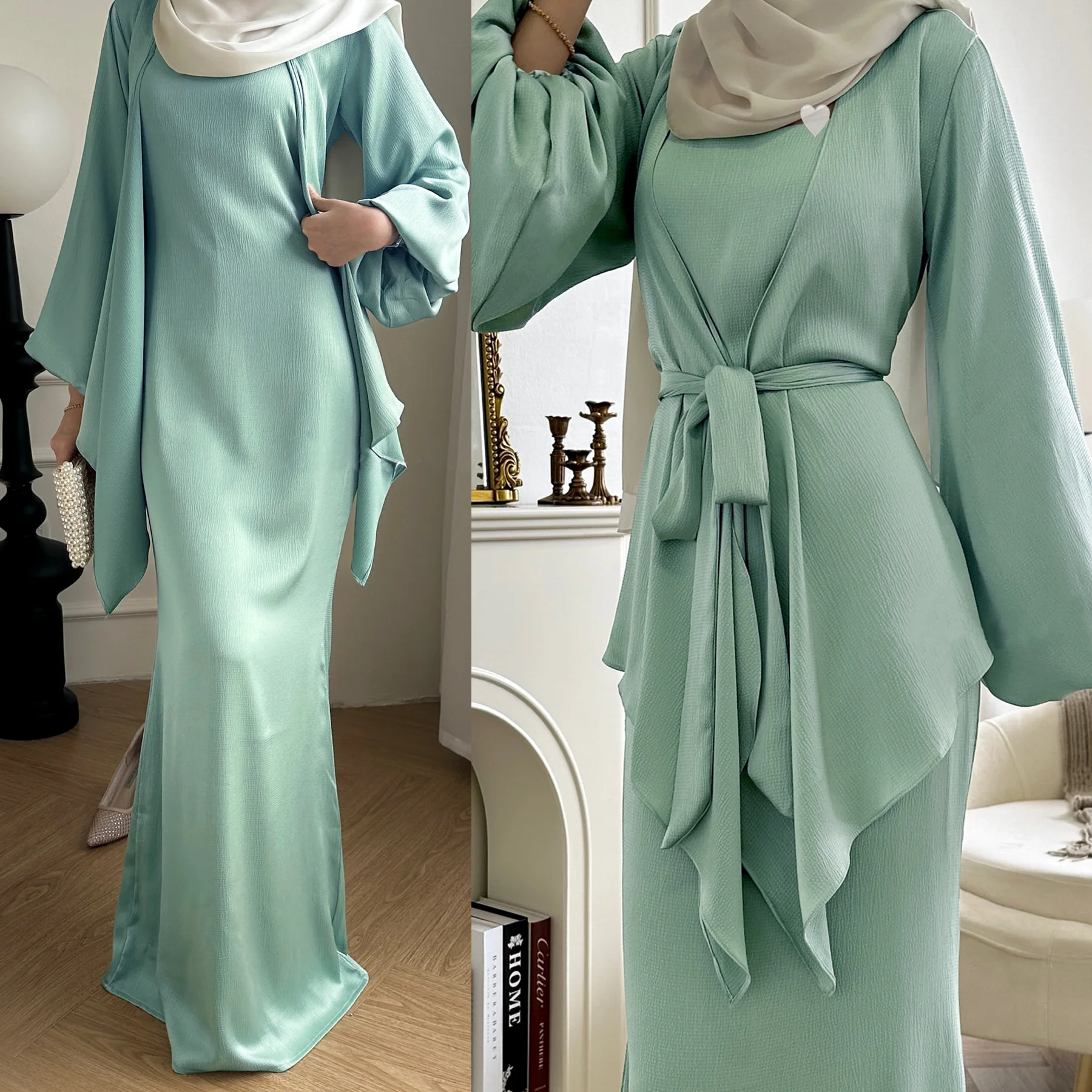 Sharut Eid Dubai Luxury Satin Kaftan Abaya Set Women Elegant Modest Wedding Dress Long Lantern Sleeves Soft 2-Piece Muslim