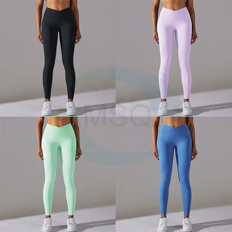 Custom Sublimation Sportswear Fitness Gym Yoga Pants Push Up Scrunch Butt Lifting Cross V Waist Leggings With Pockets