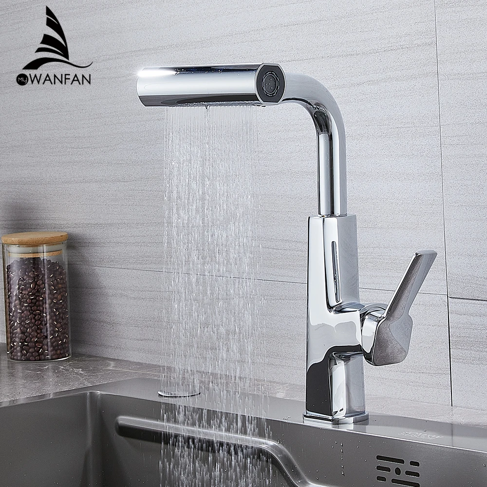 Chrome Kitchen Sink Mixer Brushed Nickle Water Tap Pull Out Rotation Waterfall Stream Sprayer Head  Flexible Kitchen Faucets
