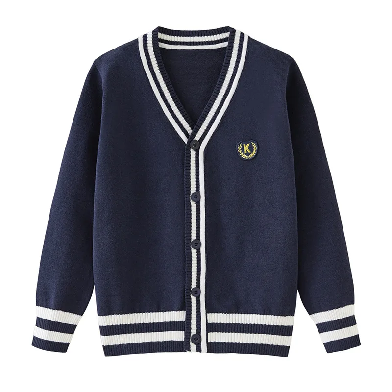 Teen Striped Patchwork Knitted Cardigan Boys Girls Custom Badge High School Uniform Kids Sweater Jacket