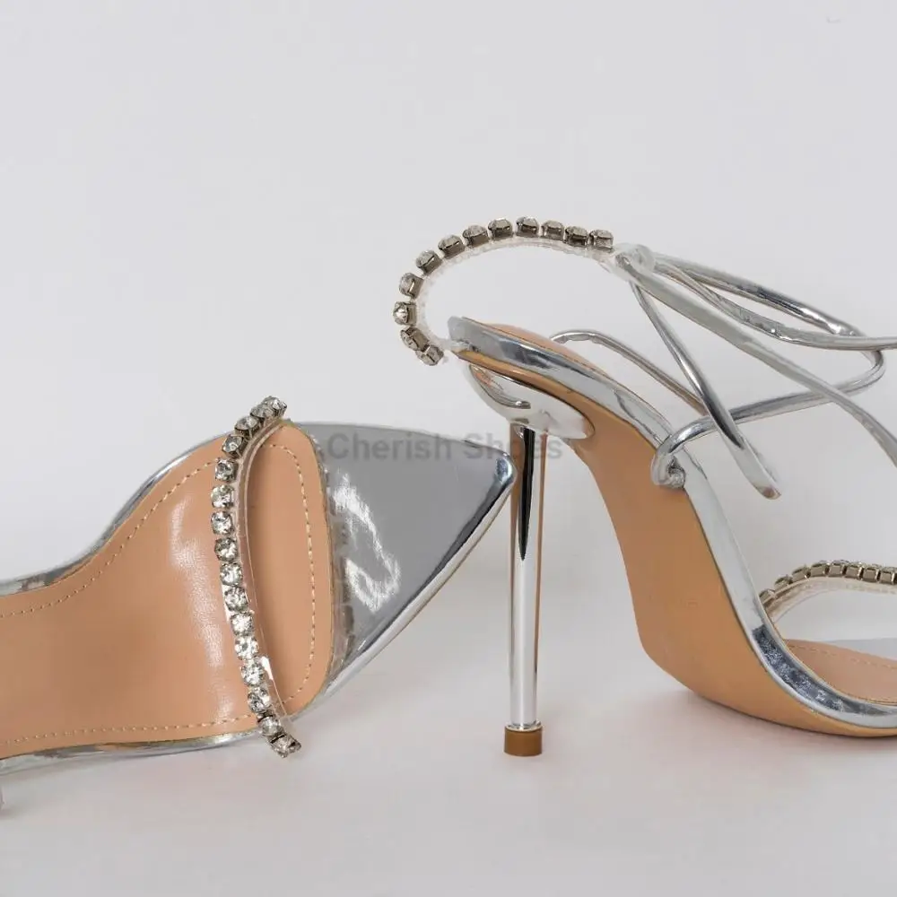 New design patent clear diamante lace up stiletto heels for sexy ladies pointed toe ankle strap fashion women party shoes