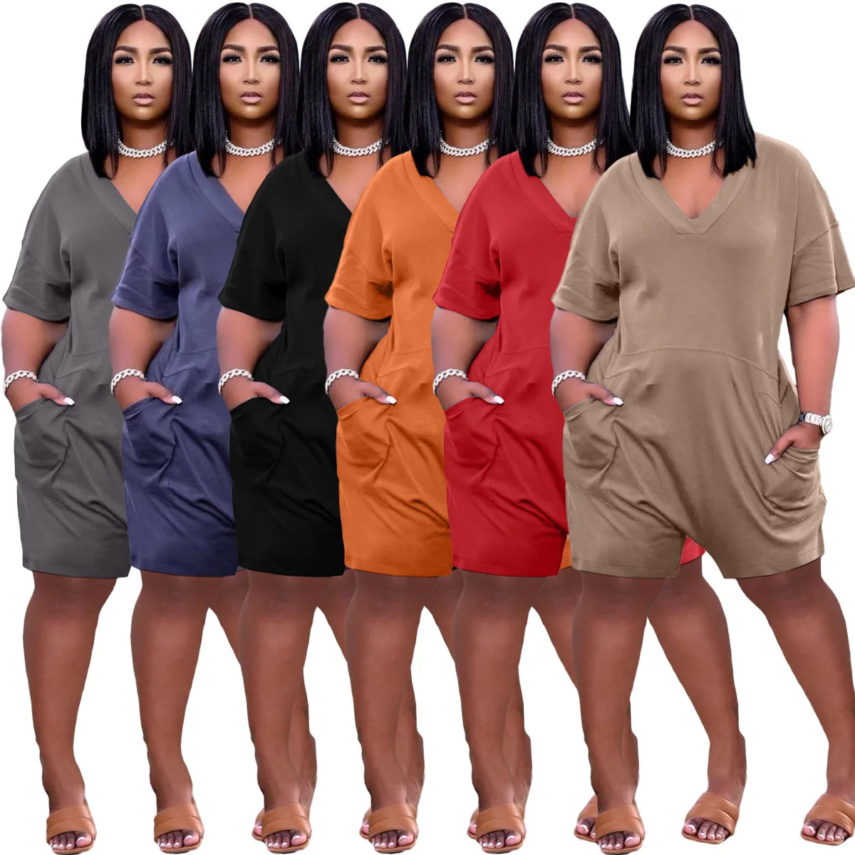 Hot Selling 2023 Short Sleeve Romper for Fat Woman V Neck Pocket Jumpsuit
