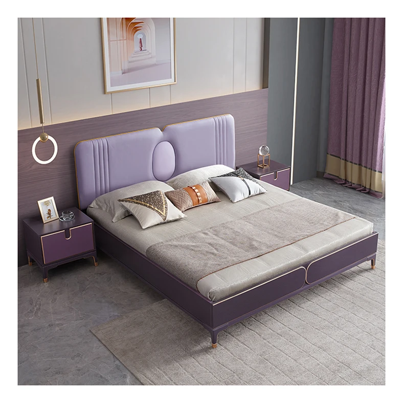 Hot Selling Wood Bedroom Furniture Set Hdf Bed with Soft Leather Bed Head Cushion for Home Furniture Set