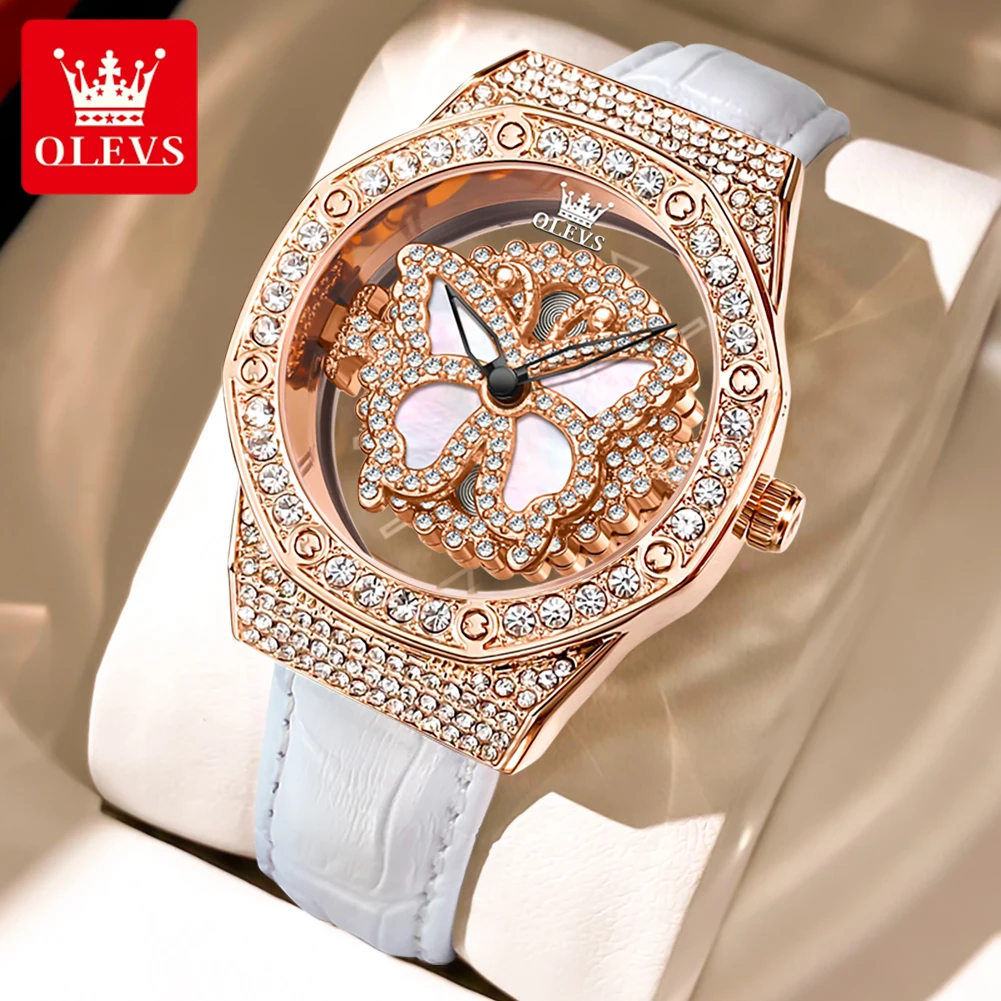 OLEVS 9996 Original Watch for Women  Waterproof Leather Strap Ladies Quartz Wristwatches Hollow Rotatable Butterfly Dial