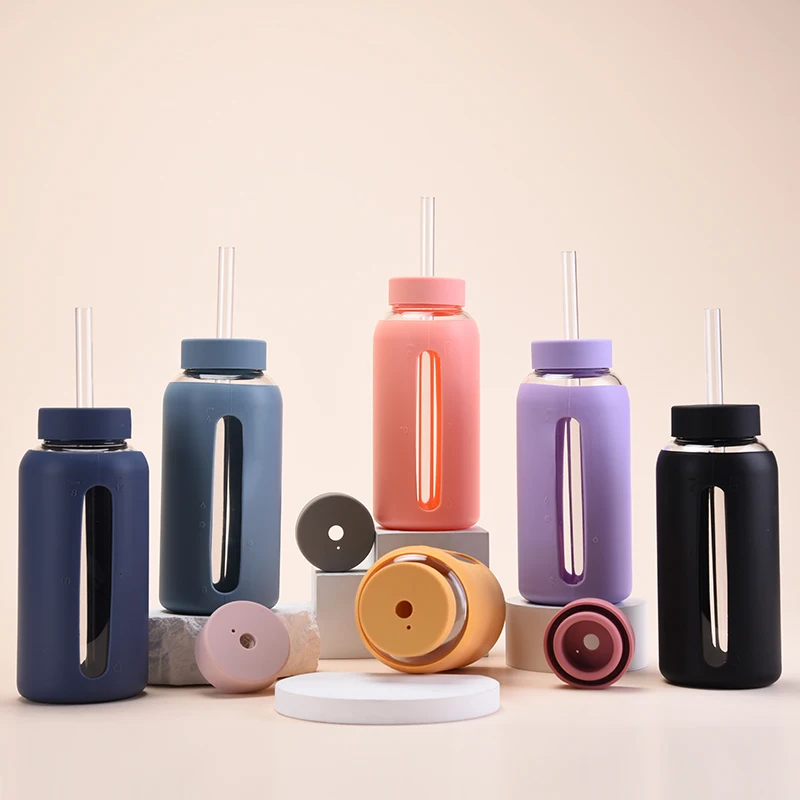 Glass Water Bottle with Time Marker, Water Bottle with Silicone Sleeve and Straw, Reusable Glass Water Drinking Bottles