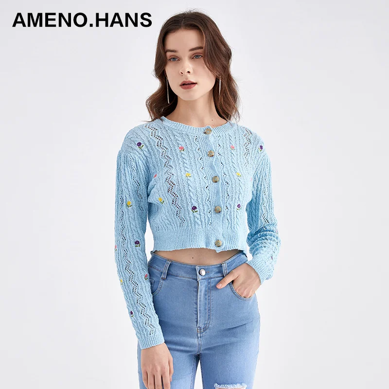 Natural style embroidery cardigans wholesale women knitted cotton cardigans