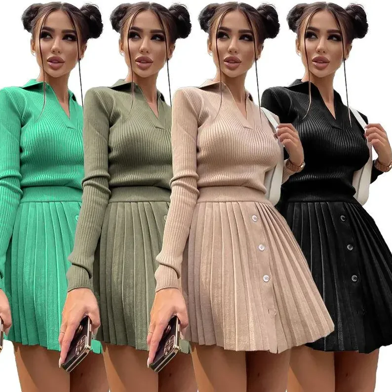 Cyalaa 5070# Wholesale Chic Suitable Women Casual  Top+ Dress 4 Color Plain Elegant A-Line Mini  Knitted Dresses 2 Pieces Suit