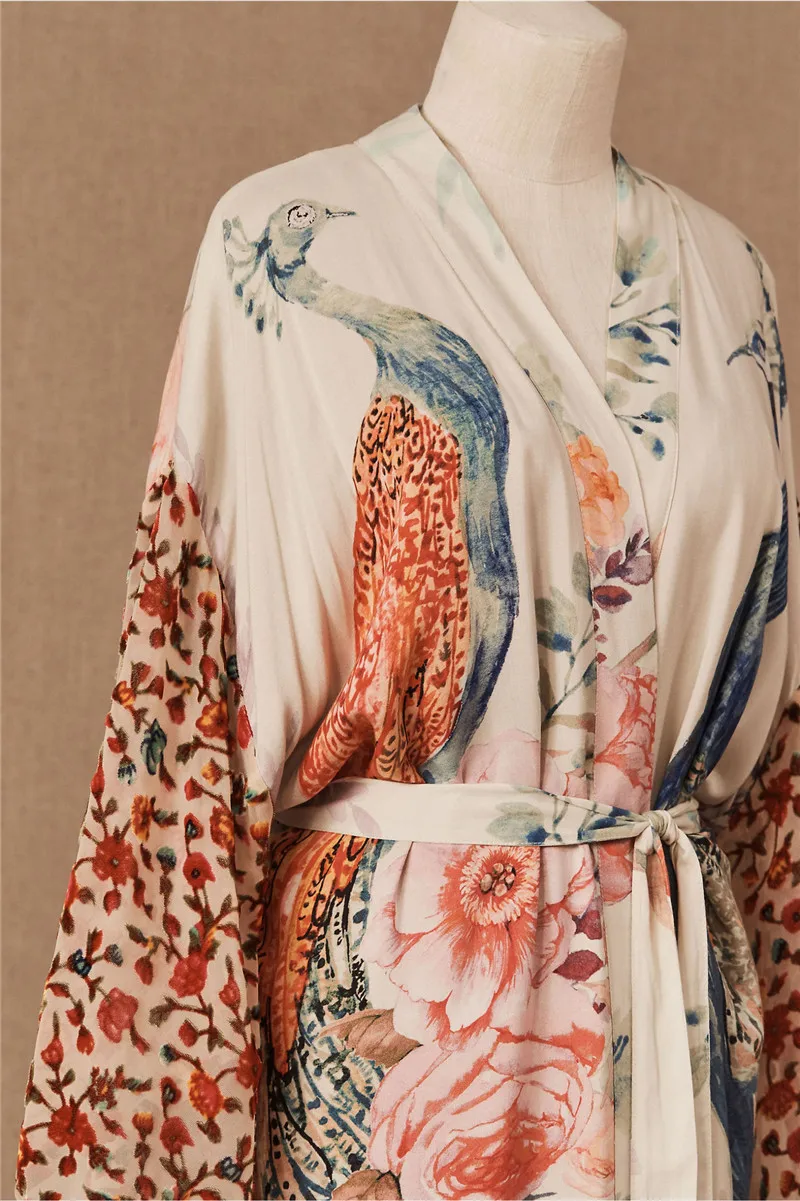 Custom beach dress cover ups for women Peacock pattern print robe de plage summer Sexy loose cardigan kimono bikinis swimwear