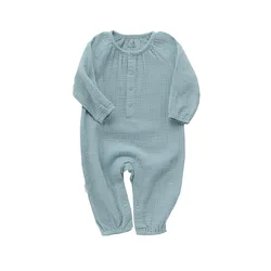 Spring infant baby blank Organic muslin jumpsuit button long sleeve overall  Puffy style baby romper newborn jumpsuit