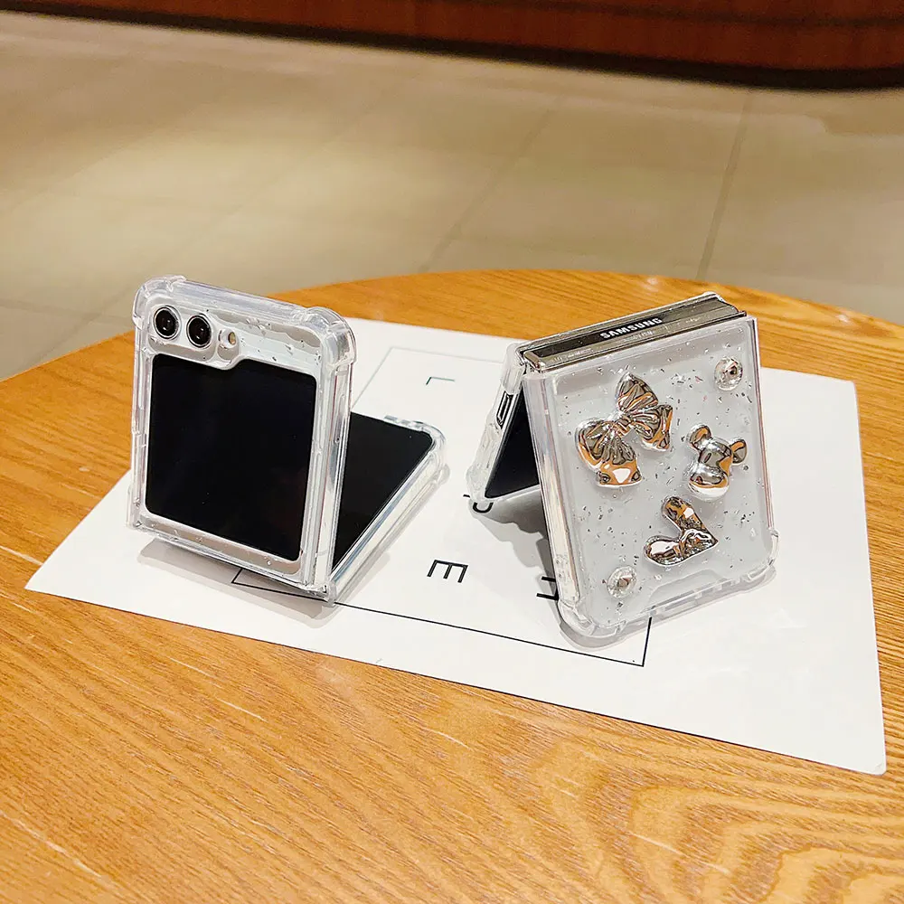 Laudtec SJK195 Electroplate Glitter Clear Love Heart Phone Case For Galaxy Z Flip5 Flip4 Flip3 5G Flip